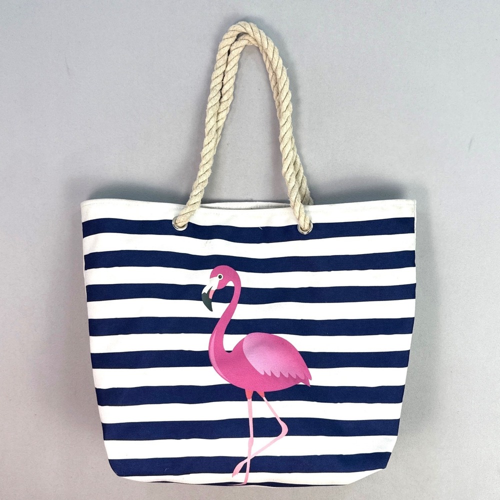 Navy White Striped Flamingo Beach Tote Bag with Rope Handles